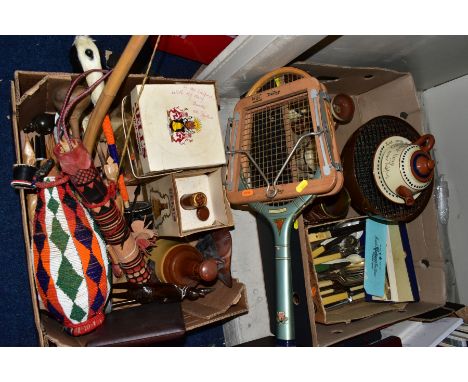 TWO BOXES OF SUNDRY ITEMS, ETC, to include Devon Motto Ware, African tourist wares - bow and arrows, wooden figures and utens