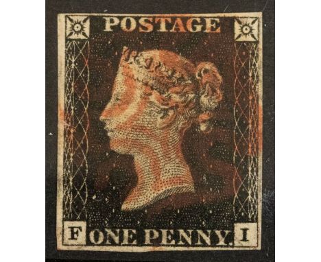 GB - 1840 Penny Black , - QV Line Engraved - FI - 4 Margins bearing Red MX. Nice item 
