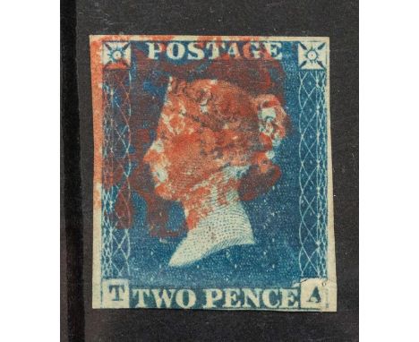 GB - A nice fresh 1840 2d Blue, with 3 Margins , bearing Red MX , Corners TA , Just shows light shaved corner at SW ( T ) cor