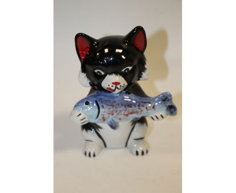 A LORNA BAILEY CERAMIC CAT AND FISH FIGURE 