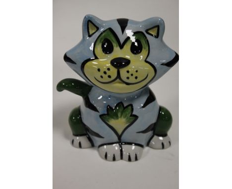 A LORNA BAILEY CERAMIC BLUE AND GREEN CAT FIGURE 
