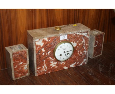 A FRENCH ART DECO A LA GERBE D'OR MARBLE CLOCK GARNITURE, of simple form, white circular enamel dial with Arabic numerals, th