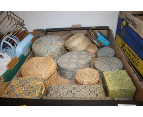 A COLLECTION OF VINTAGE WOVEN MINIATURE BASKETS, FABRIC TRINKET POTS ETC