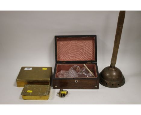 TWO BRASS LIDDED TRINKET BOXES TOGETHER WITH A BRASS TAP FITTING AND A MOTHER OF PEARL INLAID TRINKET BOX CONTAINING GLASS ST