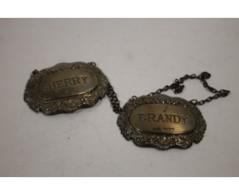 TWO HALLMARKED SILVER DECANTER LABELS 