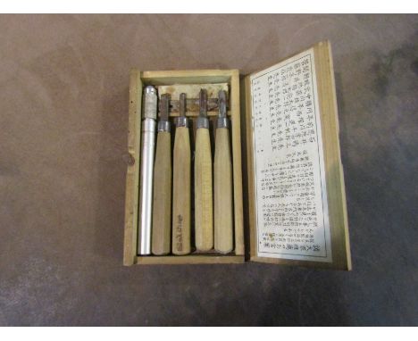 A boxed Japanese miniature chisel set