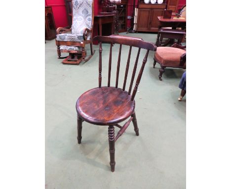 A penny seat stick-back chair on turned legs with 'H' stretcher