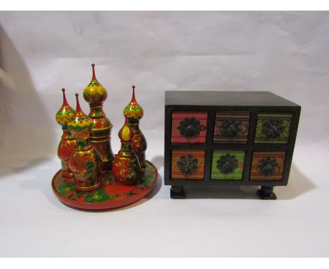Five hand-painted Russian onion dome lidded pots together with tray and six compartment ribbon decorated trinket chest 