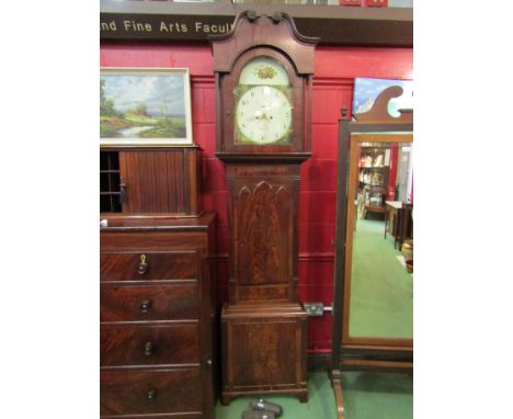 A W.Sutcliffe of Burnley 8-day long case clock with enamel Arabic numerated face with floral handpainted sprays, mahogany cas