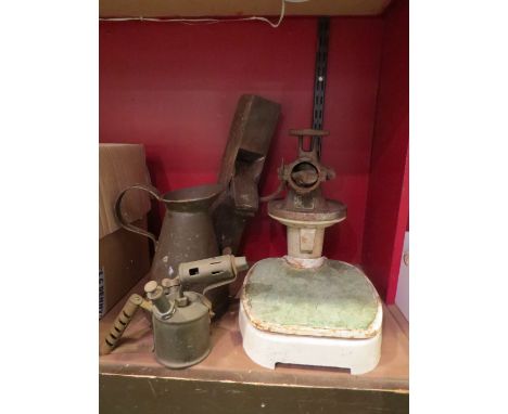 A vintage Harrods "The Knightsbridge" bathroom scale, blow torch, oil jug, mincer and plane