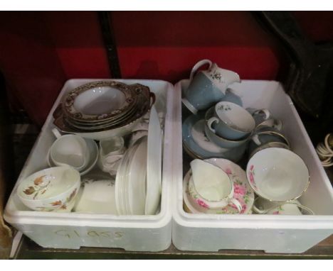 Two boxes containing part tea sets including Royal Adderley "Arcadia" pattern, Royal Doulton "Rose Elegans" and another Adder