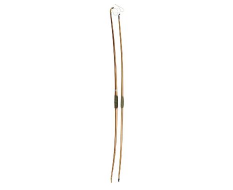 TWO PRESENTATION LONGBOWS BY ALDRED, LATE 19TH/EARLY 20TH CENTURY the first of yew, 52# draw weight, horn nocks with the top 
