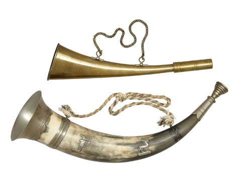 TWO HUNTING HORNS, 19TH CENTURY the first of cow horn with white-metal mounts depicting an archer and stag (one band missing)