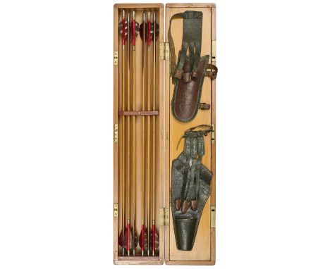 A FINE ALDRED CASED ARROW SET WITH LADIES ARCHERY TACKLE AND SCORECARDS, CIRCA 1850  with twelve fine matched Aldred arrows, 