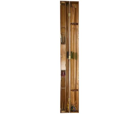 A CASED SET OF FOUR ALDRED LONGBOWS AND TWO SETS OF ARROWS, LATE 19TH/EARLY 20TH CENTURY the first bow of yew, with 50# draw 