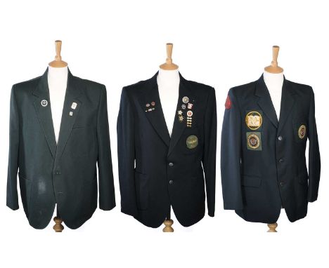 THREE ARCHERY JACKETS, LATE 20TH CENTURY the first of synthetic green cloth, with a British Long-bow Society pin, a West Kent