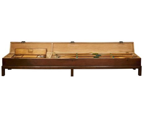 A FINE ARCHER'S STORAGE BENCH FROM ARCHERS' HALL, EDINBURGH, ROYAL COMPANY OF ARCHERS  of stained oak, with two compartments 