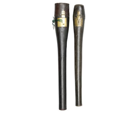 TWO EARLY LEATHER TRAVELLING QUIVERS, 18TH CENTURY the first of hardened black leather, with tubular body widening towards th