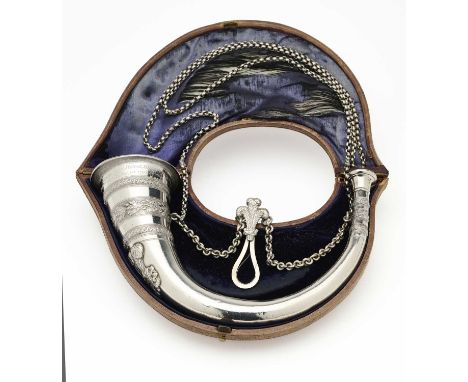 A CASED ROYAL PRESENTATION GEORGE III SILVER ARCHERY PRIZE HORN, ROBERT NASH, LONDON, DATED 1795 decorated with bands of oak 