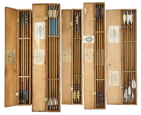 FIVE CASES OF ALDRED ARROWS, 19TH-20TH CENTURY  the first case with six arrows marked 'Olive Knight' with yellow and black ba