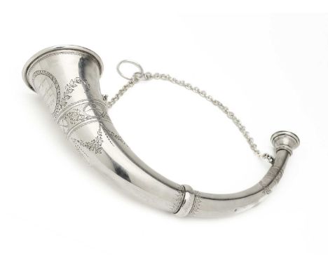 A GEORGE III SILVER ARCHERY PRIZE HORN, MAKER’S MARK INDECIPHERABLE, LONDON, 1791 of curved flaring form, with gilt interior,