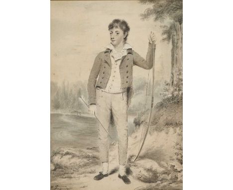 AFTER HENRY EDRIDGE (BRITISH 1768-1812) PORTRAIT OF A BOY HOLDING A BOW AND ARROWpencil and wash on paper26.5 x 18.0 cm46.5 x