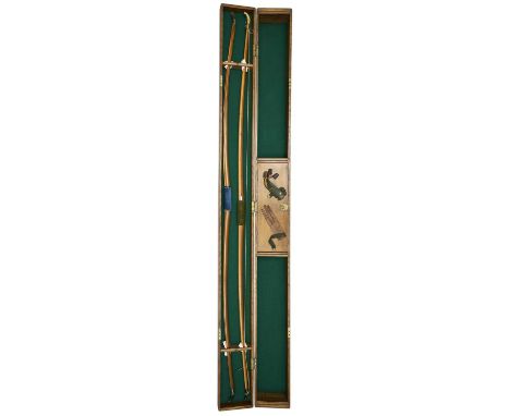 THE CASED ARCHERY SET OF MAJOR ARTHUR EMPSON, EARLY 20TH CENTURY  comprising two yew bows, the first with 47# draw weight, ho