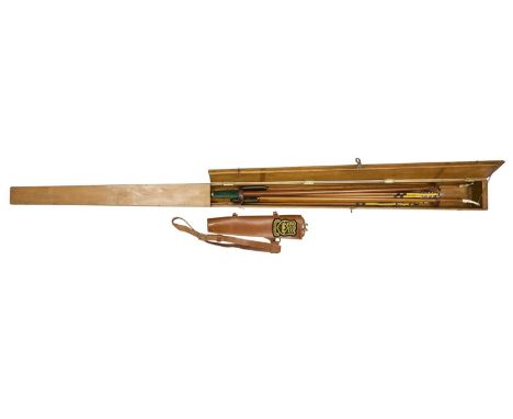 A CASED SET OF THREE LONGBOWS, SIX ARROWS, AND A LEATHER QUIVER, EARLY 20TH CENTURY the first bow by Fergie, made of hickory-