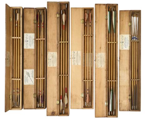SIX CASES OF ALDRED ARROWS, 19TH-20TH CENTURY the first case with four arrows marked 'A. Birt', painted salmon pink with blac