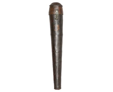 A LARGE EARLY LEATHER TRAVELLING OR STORAGE QUIVER, 18TH CENTURY made of stained hardened dark leather, with tubular body wid
