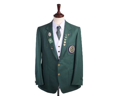 A CONTEMPORARY ROYAL TOXOPHILITE SOCIETY UNIFORM comprising a green blazer with white waistcoat and blue-striped green tie, c