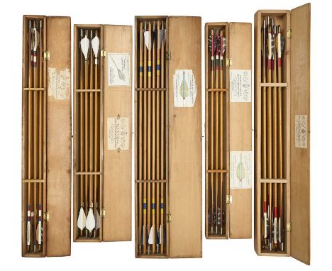 FIVE CASES OF ALDRED ARROWS, 19TH-20TH CENTURY the first case with six arrows, signed 'R.H.M', painted white with blue and re