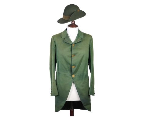 A WOODMEN OF ARDEN HAT AND TAILCOAT, 20TH CENTURY of green wool, with single-breasted front, three buttons at each cuff, sing