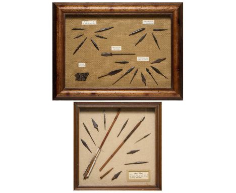 TWO FRAMED DISPLAYS OF ARROWHEADS the first mounted with various examples of tanged arrowheads and a fragment of mail; the se