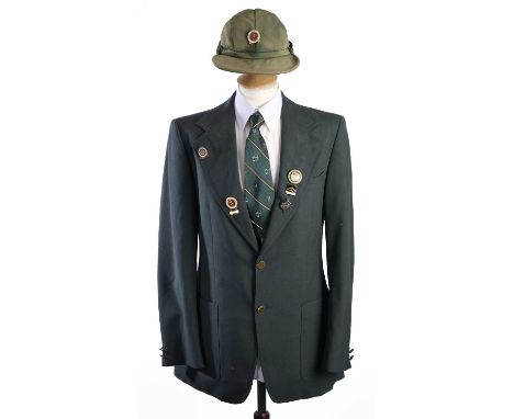 A CONTEMPORARY ROYAL TOXOPHILITE SOCIETY UNIFORM AND AN ARCHER'S CAP comprising a green blazer and green striped tie with det