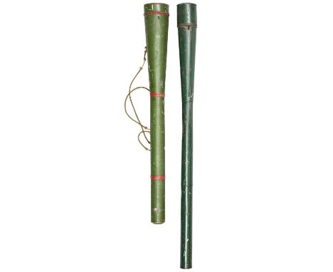 TWO TOLEWARE TRAVELLING QUIVERS WITH ARROWS, 19TH CENTURY the first painted green with red bands, with tubular body widening 