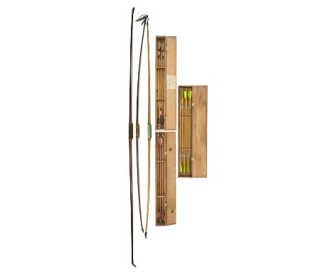 TWO BOWS BY HUGHES AND A BOW BY PETERSON WITH ARROW BOXES, LATE 19TH/EARLY 20TH CENTURY the first of hickory-backed lemonwood