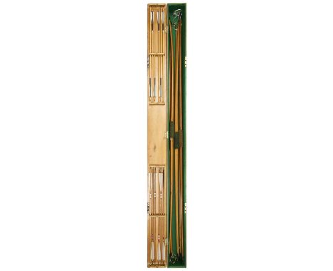 SIX CASED ALDRED LONGBOWS AND TWO SETS OF ARROWS, LATE 19TH EARLY 20TH CENTURY the first of yew, with 44# draw weight, horn n