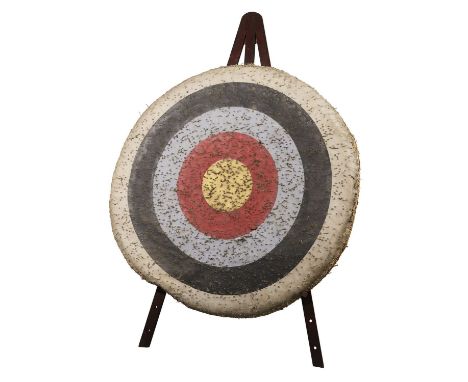 AN ARCHERY TARGET AND STAND, CHELTENHAM, 19TH-20TH CENTURY comprising a straw-filled cloth circular target, the double-layere