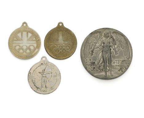 A PARTICIPATION MEDAL FOR THE 1908 OLYMPIC GAMES, AND THREE ADVERTISING ARCHERY MEDALS the first of pewter, the front depicti