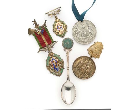 A COLLECTION OF ANCIENT ORDER OF FORESTERS MEDALS AND MEMORABILIA comprising a white metal medallion depicting an archer and 