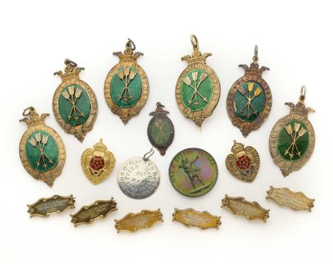 A COLLECTION OF JOHN O' GAUNT'S BOWMEN MEDALS AND MEMORABILIA, 19TH/20TH CENTURY comprising two flat white-metal medals, one 