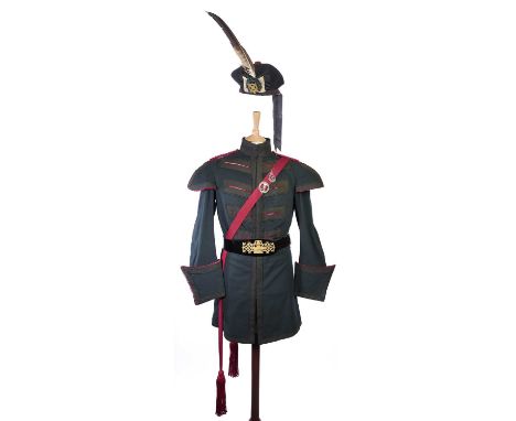 A ROYAL COMPANY OF ARCHERS FIELD UNIFORM comprising a green tunic faced with black mohair, twisted crimson cord epaulettes, w