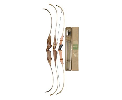 NINETEEN RECURVE BOWS AND FIVE BOXES OF ARROWS, 20TH CENTURY  including three Hoyt Pro Medallists; three Hoyt Pro Customs; fo