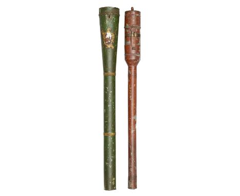 TWO TOLEWARE TRAVELLING QUIVERS WITH ARROWS, POSSIBLY 19TH CENTURY the first painted green, with tubular body widening toward