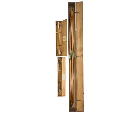 FOUR CASED ALDRED LONGBOWS AND TWO CASED SETS OF ARROWS, EARLY 20TH CENTURY the first of yew, with 55# draw weight, horn nock