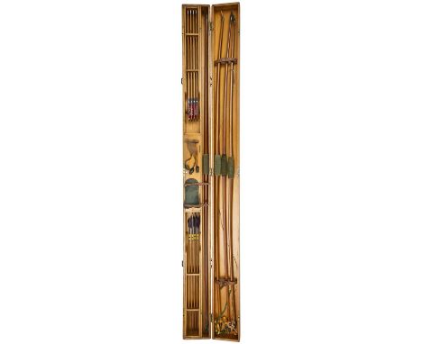A CASED SET OF FOUR ALDRED LONGBOWS AND TWO SETS OF ARROWS, LATE 19TH/EARLY 20TH CENTURY the first bow of yew, with 53# draw 