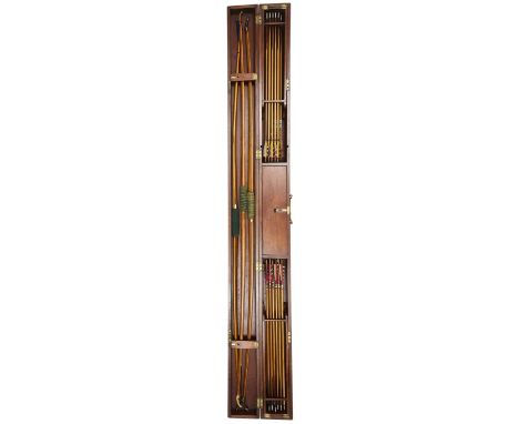 A CASED SET OF THREE ALDRED LONGBOWS WITH TWO SETS OF ARROWS, LATE 19TH/EARLY 20TH CENTURY the first of yew, with an original