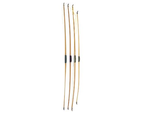 FOUR CHILDREN'S BOWS, LATE 19TH/EARLY 20TH CENTURY the first by Williams and Co, Paris, of lancewood, 14# draw weight, horn n