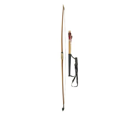 AN AYRES YEW LONGBOW, A QUIVER AND A SET OF ARROWS, LATE 19TH/EARLY 20TH CENTURY the bow with 24# draw weight, horn nocks, in